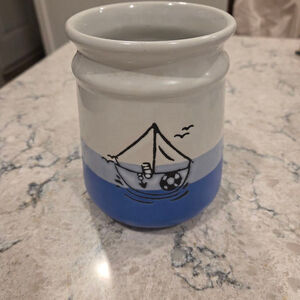 Kitchen Utensil Holder White Blue Sailboat design